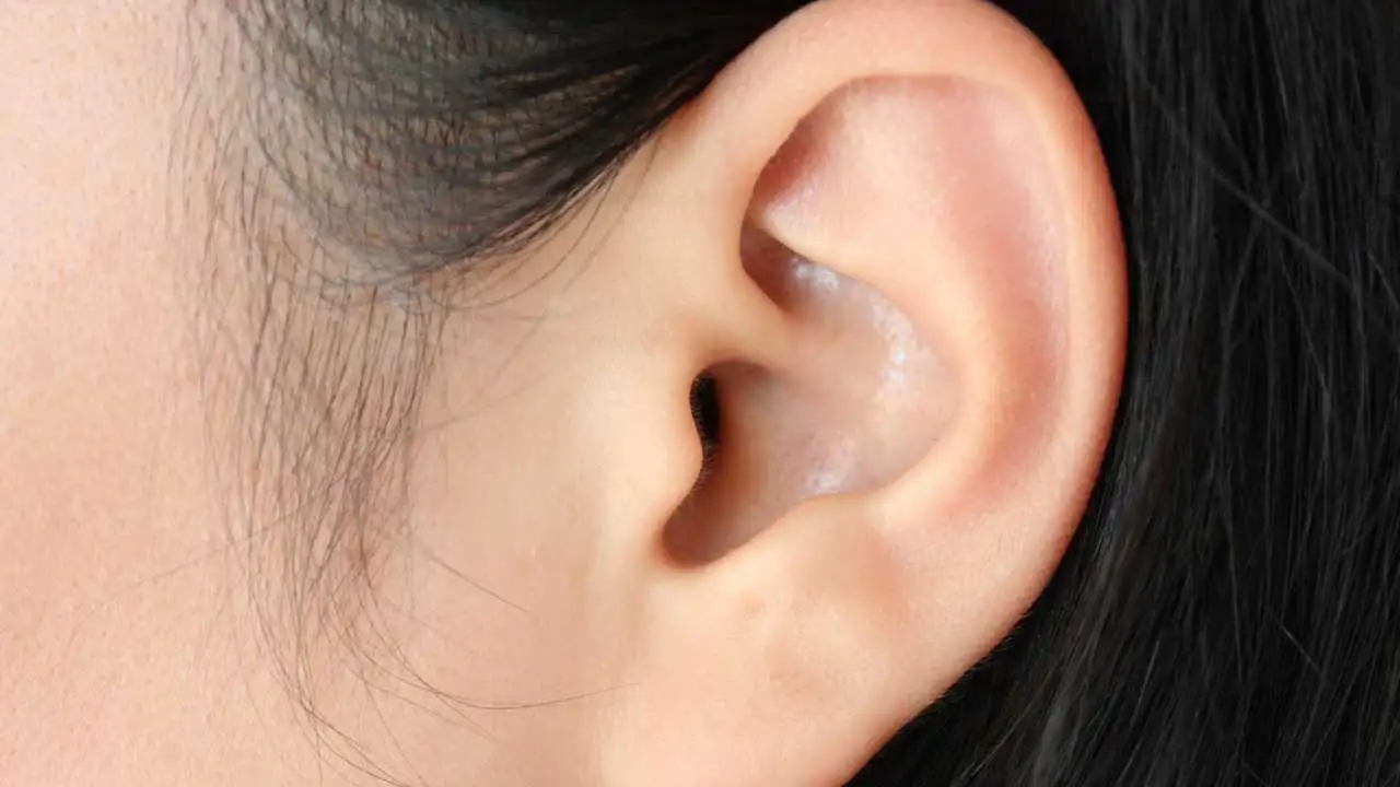 Close-up of human ear showing outer ear structure and ear canal